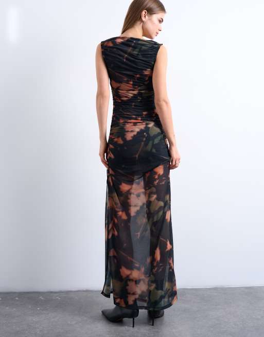 Topshop mesh floral print ruched maxi dress in black, 3 of 4