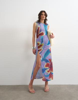 Topshop Mesh Floral Print Ruched Midaxi Dress In Gray