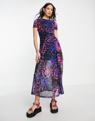 Topshop mesh grafitti floral midi dress in multi