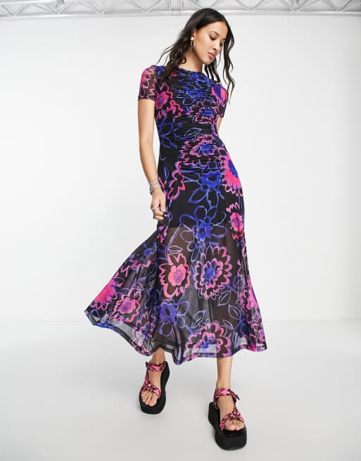 By Anthropologie Sheer Floral Embroidered Mesh Midi Dress