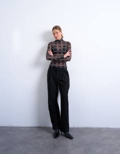 Mesh high neck check print long sleeve top in black