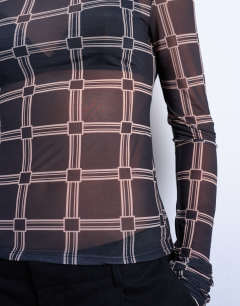 Model wearing Mesh high neck check print long sleeve top in black