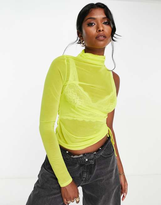 Topshop mesh high neck one shoulder ruched side long sleeve top in yellow