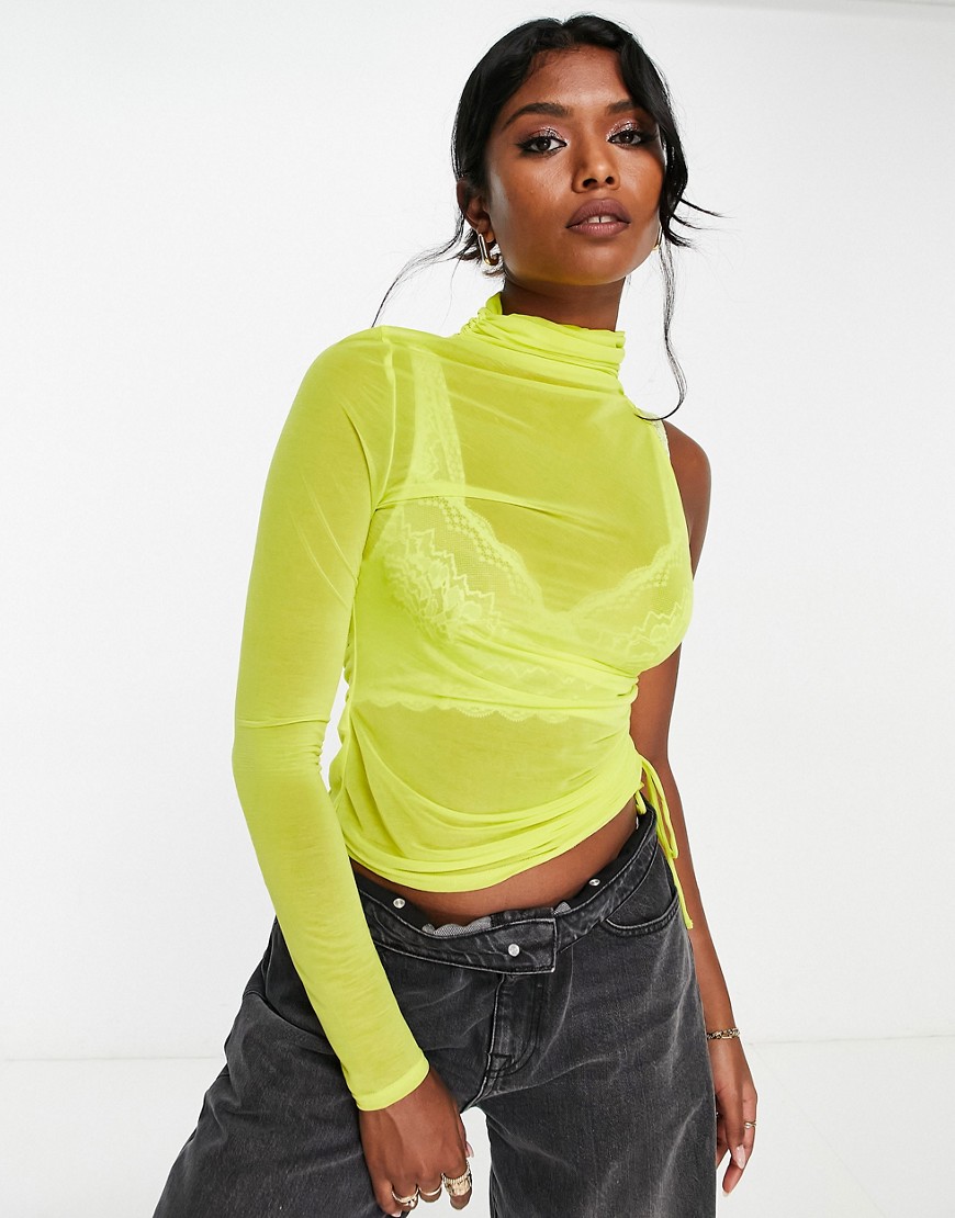 Topshop mesh high neck one shouldered ruched side long sleeve top in yellow