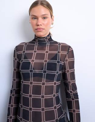 Topshop Mesh High Neck Plaid Print Long Sleeve Top In Multi
