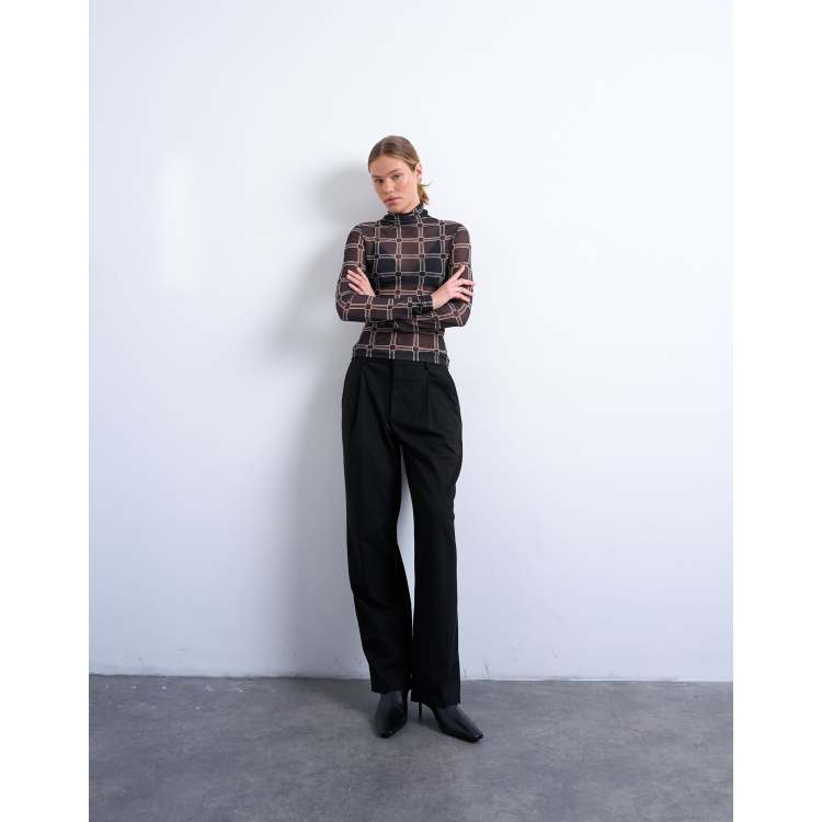 Topshop mesh high neck plaid print long sleeve top in black | ASOS