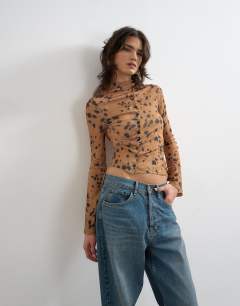 Mesh high neck ruffle button long sleeve top in deer print