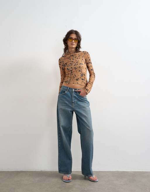 Topshop mesh high neck ruffle button long sleeve top in deer print, 3 of 4