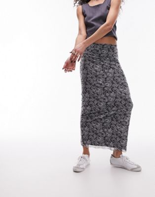 Topshop Mesh Lace Print Jersey Maxi Skirt In Mono-multi