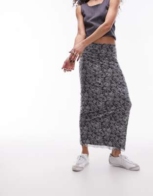 Topshop Mesh Lace Print Jersey Maxi Skirt In Mono-multi