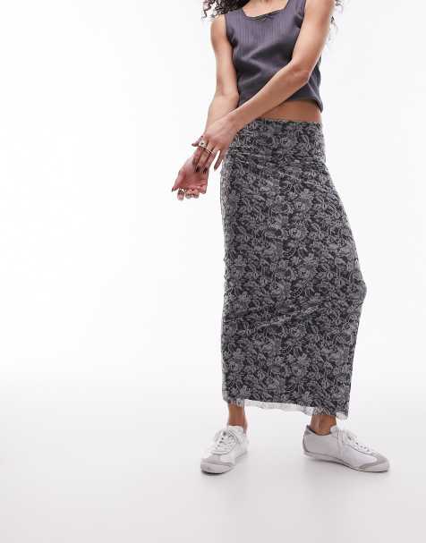 Topshop mesh lace print jersey maxi skirt in mono - view 1