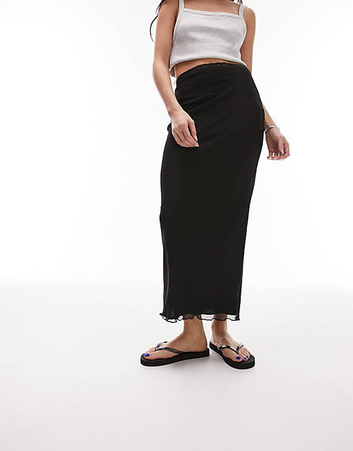 Topshop mesh lace trim midi skirt in black | ASOS