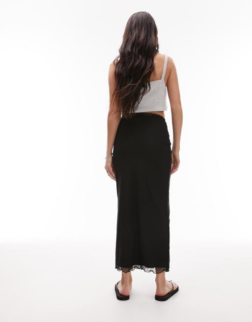 Sheer Nights Black Mesh Side Split Midi Skirt with Lace Trim