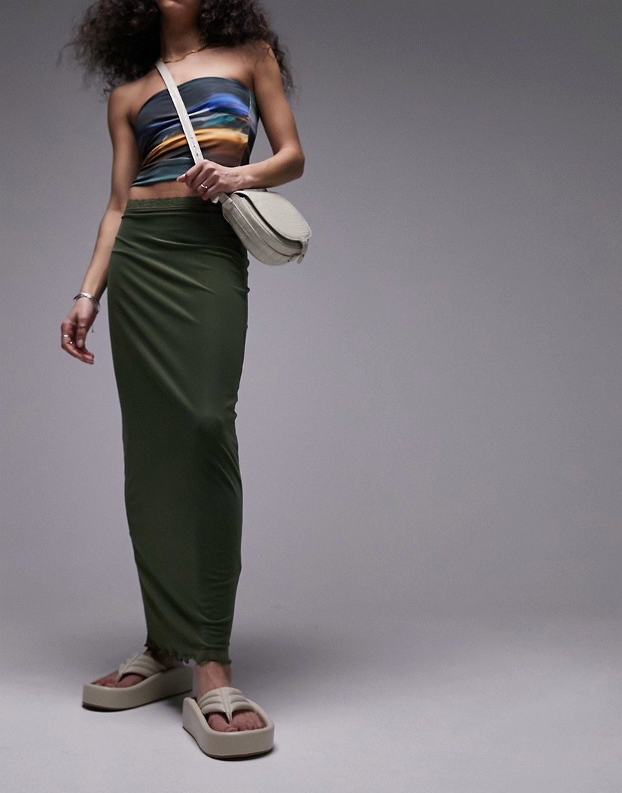 Shop Topshop Mesh Lace Trim Midi Skirt In Khaki-green
