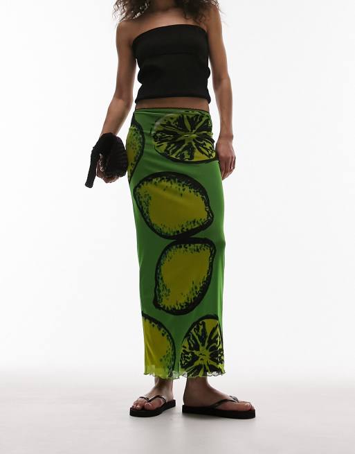 Topshop mesh lemon placement print with picot trim midi skirt in green