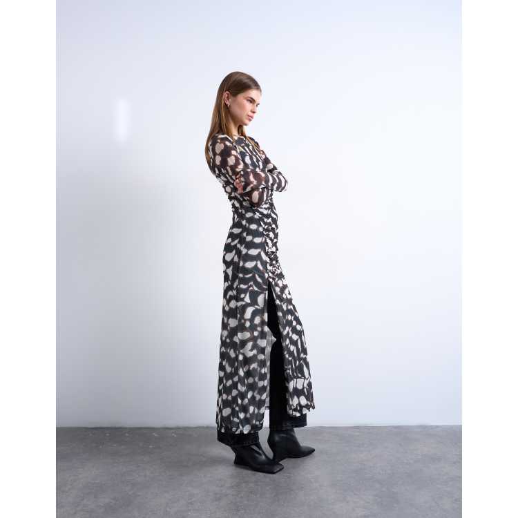 Topshop Mesh Maxi Animal Print Long Sleeve Dress in Multi