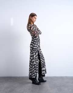 Mesh maxi animal print long sleeve dress in multi