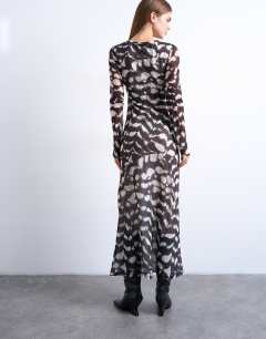 Model wearing Mesh maxi animal print long sleeve dress in multi