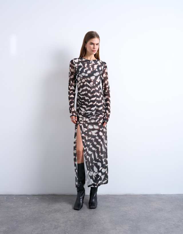 Topshop mesh maxi animal print long sleeve dress in multi