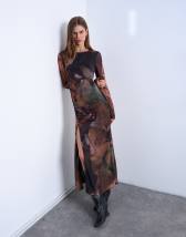 Topshop mesh maxi blurred abstract print long sleeve dress in multi