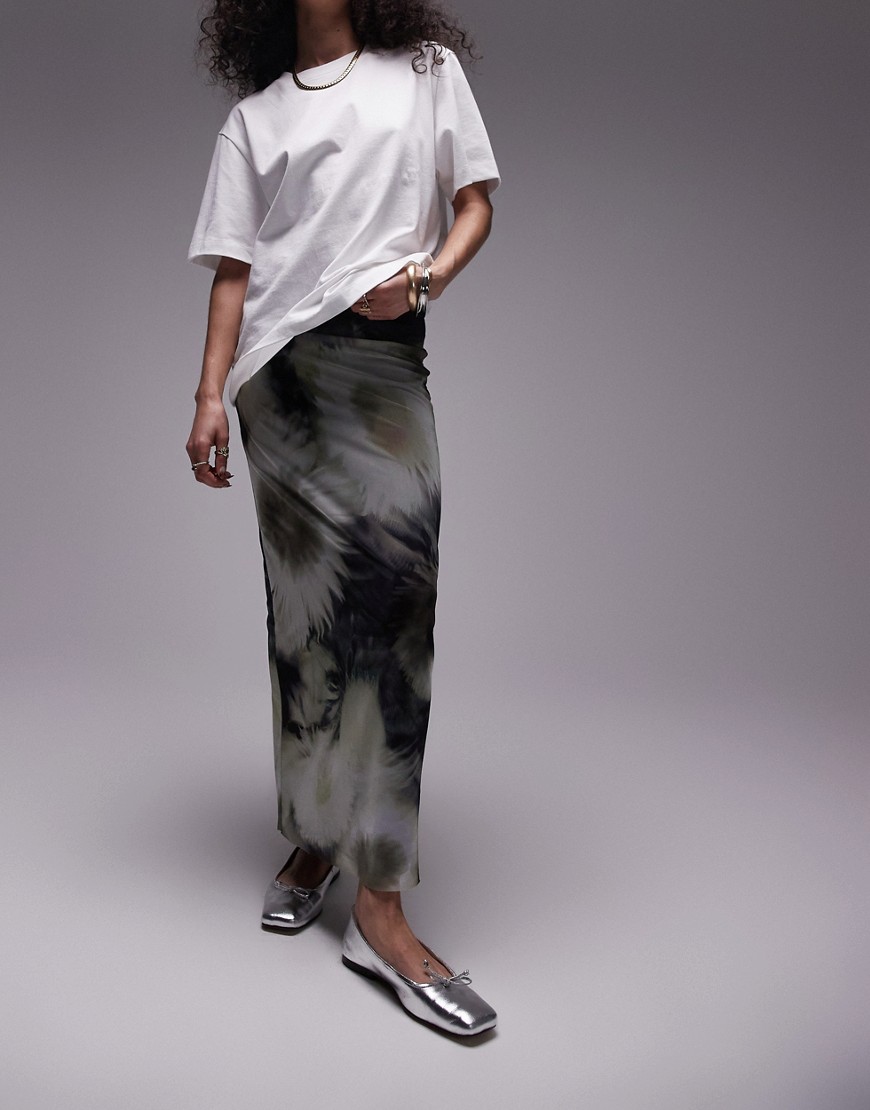 Topshop Mesh Midi Skirt In Blurred Monochrome Floral Print-black