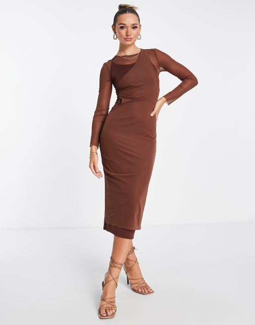 Mesh long outlet sleeve midi dress