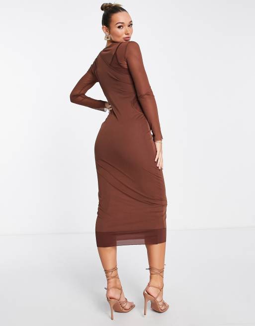 Topshop mesh mixed long sleeve midi dress in brown