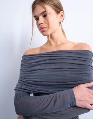 Topshop Mesh Off The Shoulder Fold Over Long Sleeve Top In Blue