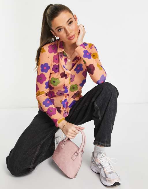 Topshop - Mesh overhemd van bloemenprint in multi, 4 van 4