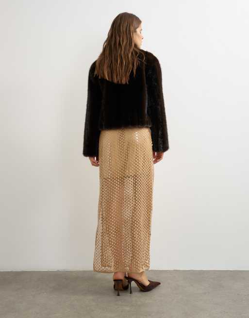 Topshop mesh pailletten maxi-rok in bruin, 3 van 5