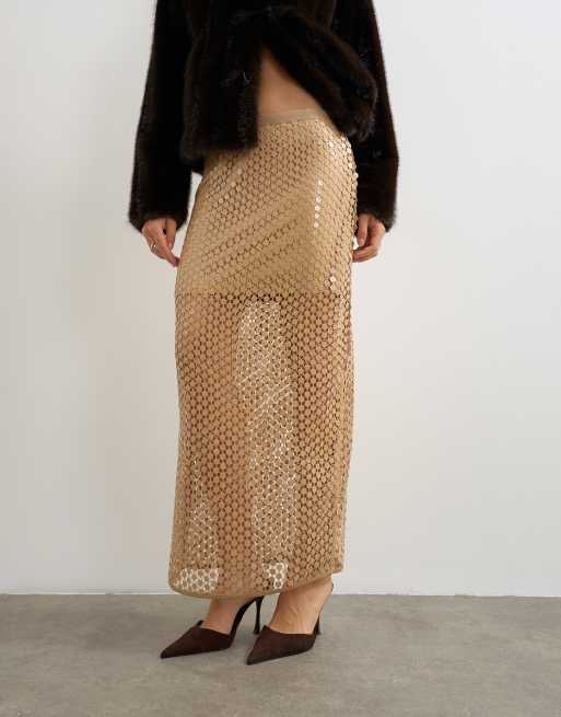 Topshop mesh pailletten maxi-rok in bruin, 5 van 5