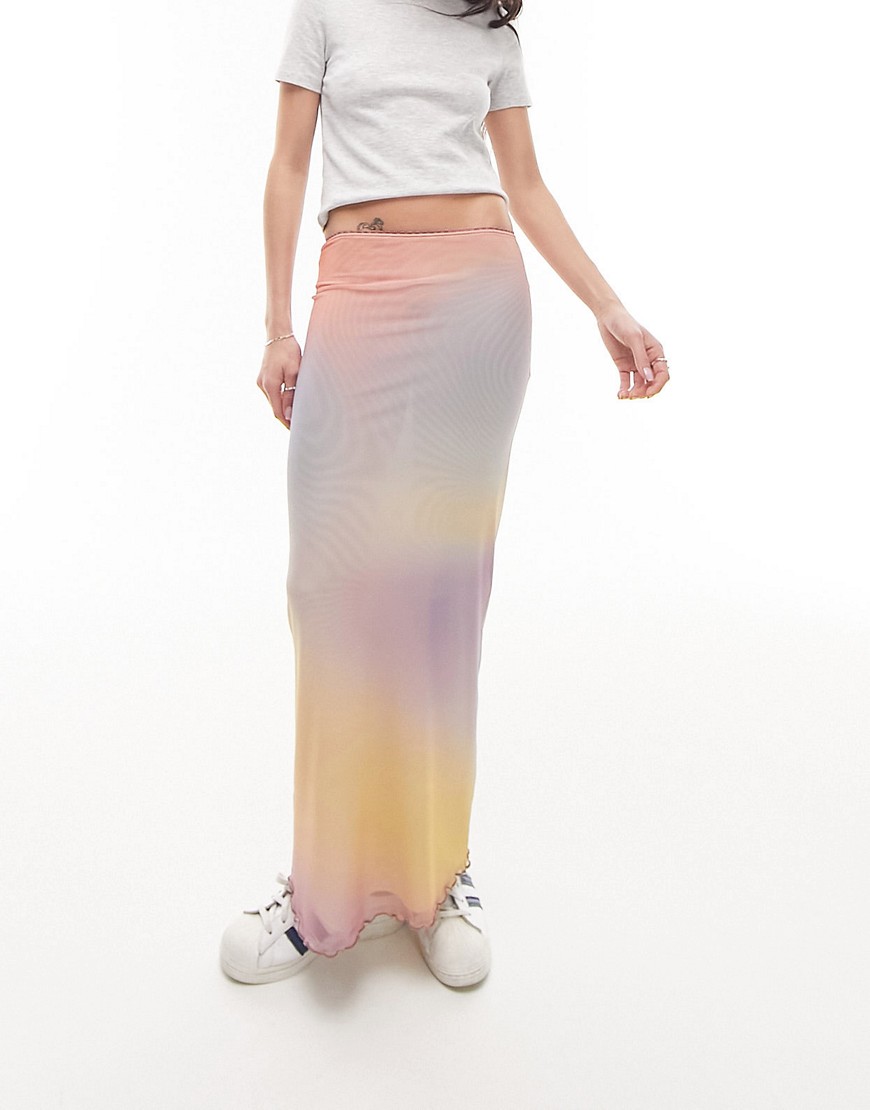 Topshop mesh pastel blurred printed picot trim midi skirt in multi