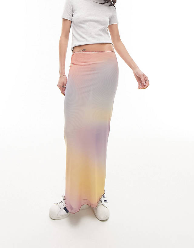 Topshop - mesh pastel blurred printed picot trim midi skirt in multi