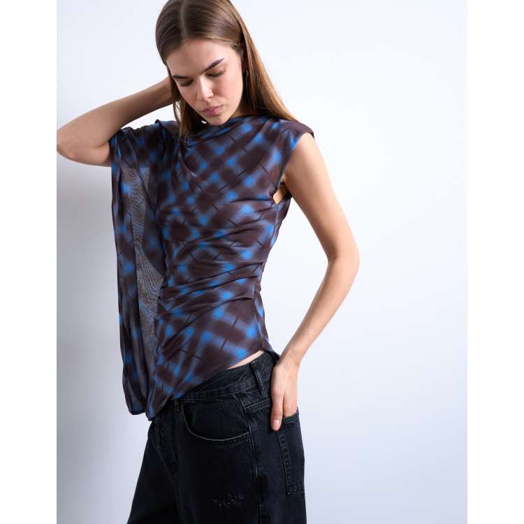 Topshop mesh plaid print asymmetric one sleeve top in chocolate | ASOS
