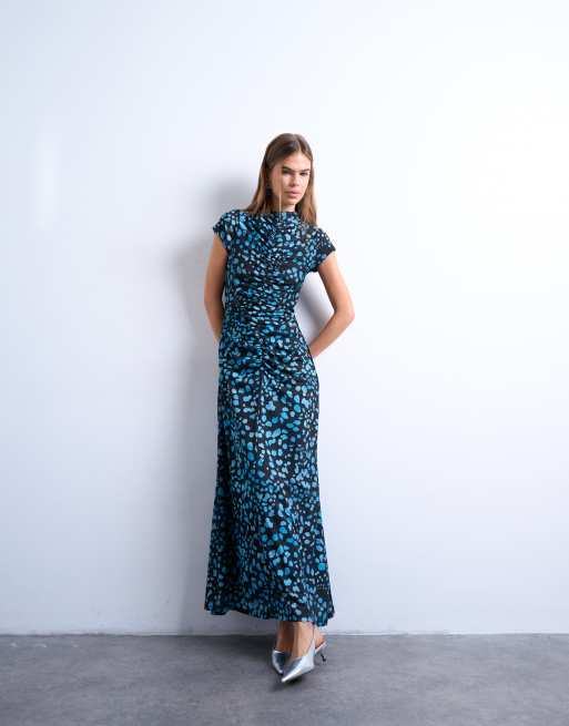 Topshop mesh polka dot cap sleeve ruched maxi dress in blue