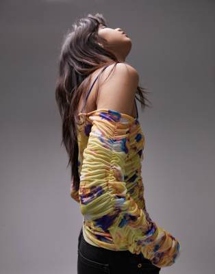 TOPSHOP MESH PRINTED LONG SLEEVE RUCHED BARDOT TOP IN MULTI 