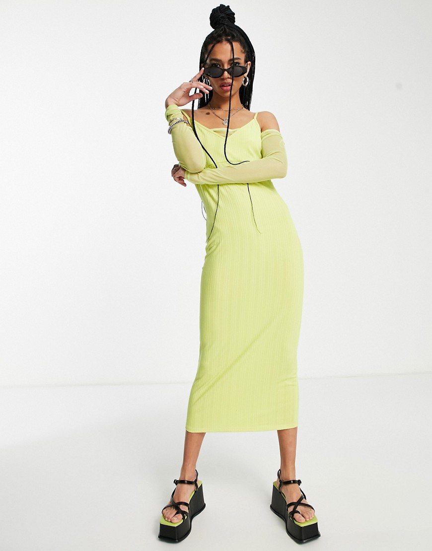 Topshop mesh rib off the shoulder cut out dress in lime-Green