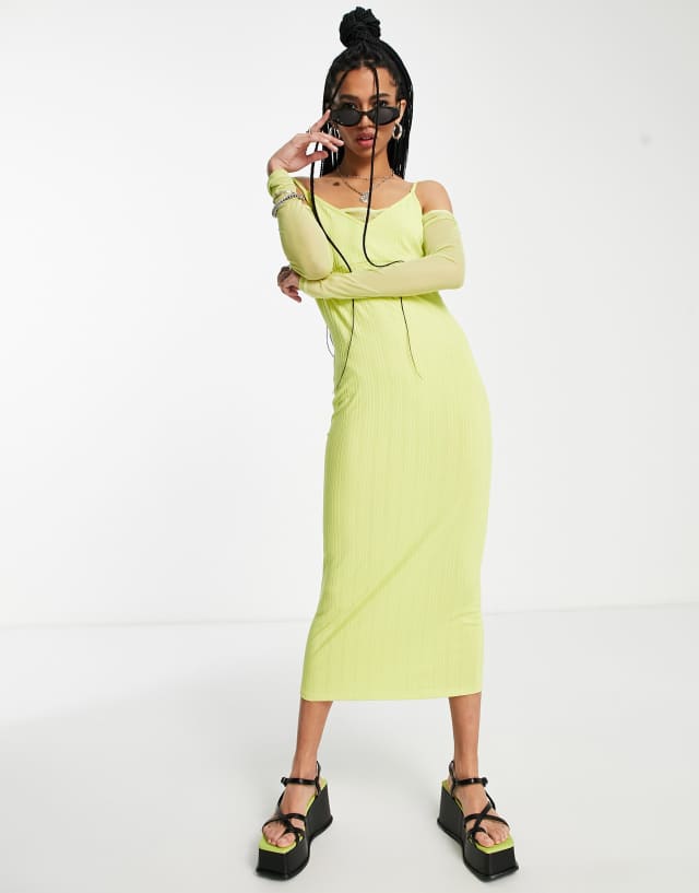 Topshop mesh rib off the shoulder cut out dress in lime