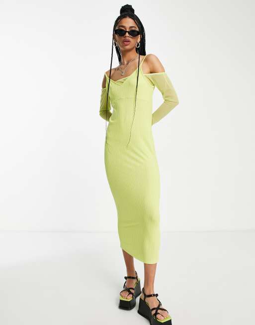 Topshop mesh rib off the shoulder cut out dress in lime