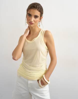 Topshop Mesh Ruched Detail Tank Top In Pink