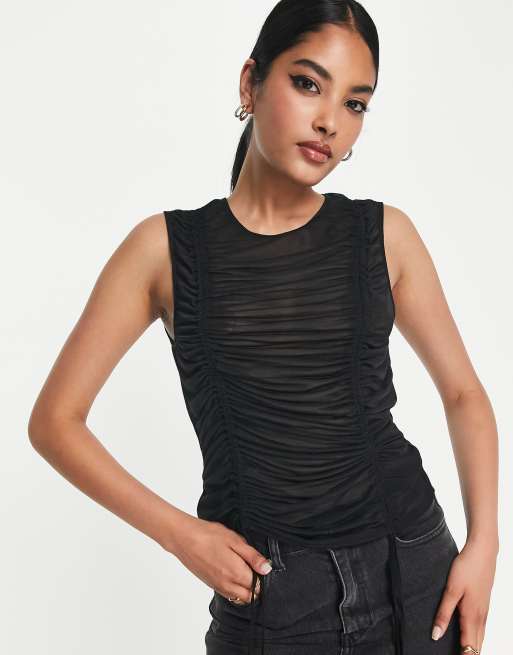 Ruched Mesh Cami Top in Black