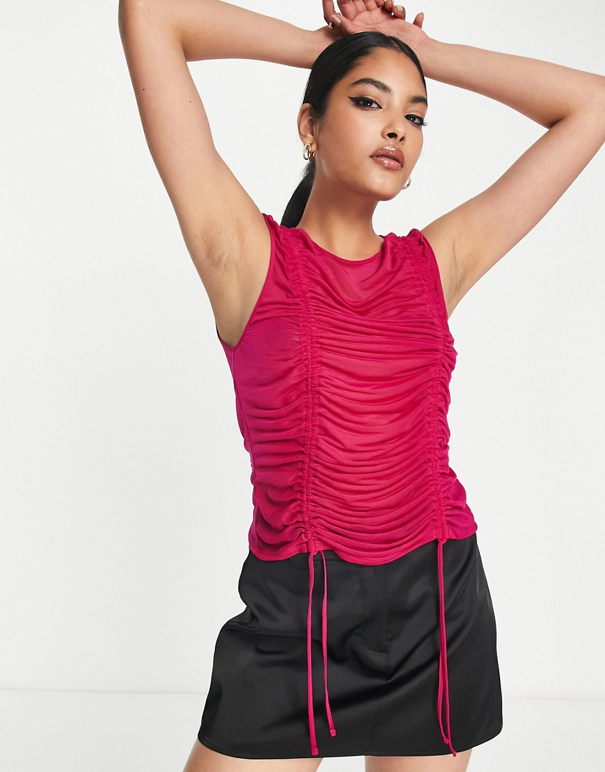 Topshop Mesh Ruched Front Sleeveless Tank Top In Magenta-pink
