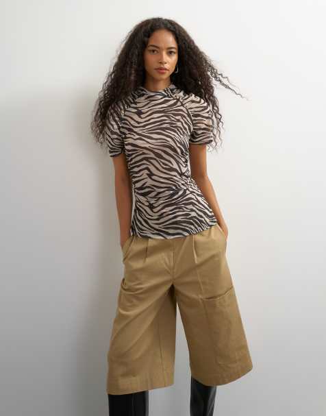 Topshop mesh ruched sleeve top in zebra print - view 1