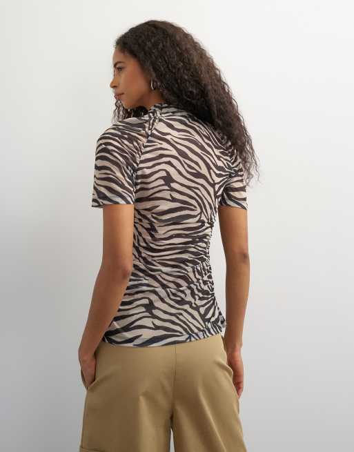 Topshop mesh ruched sleeve top in zebra print, 4 of 4