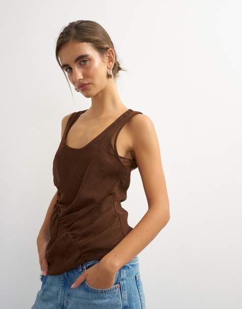 Topshop mesh ruched tunic layered vest in brown - view 1