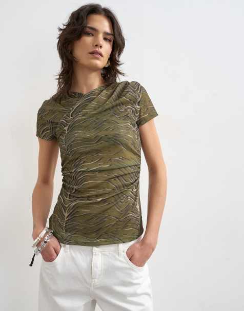 Topshop mesh ruched wrap short sleeve top in green - view 1