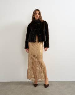 Mesh sequin column maxi skirt in tan