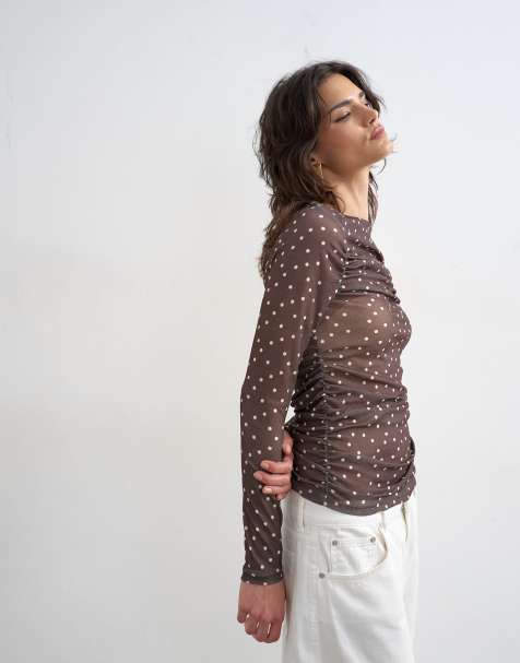 Topshop mesh slash neck long sleeve top in polka dot - view 1