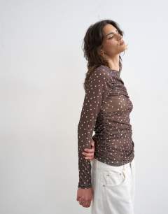 Mesh slash neck long sleeve top in polka dot