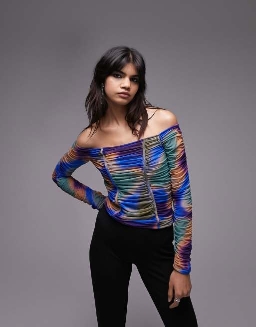 Topshop mesh off-shoulder long sleeve top with ruching details for a flattering fit. This top comes in a multi-coloured abstract design print. 